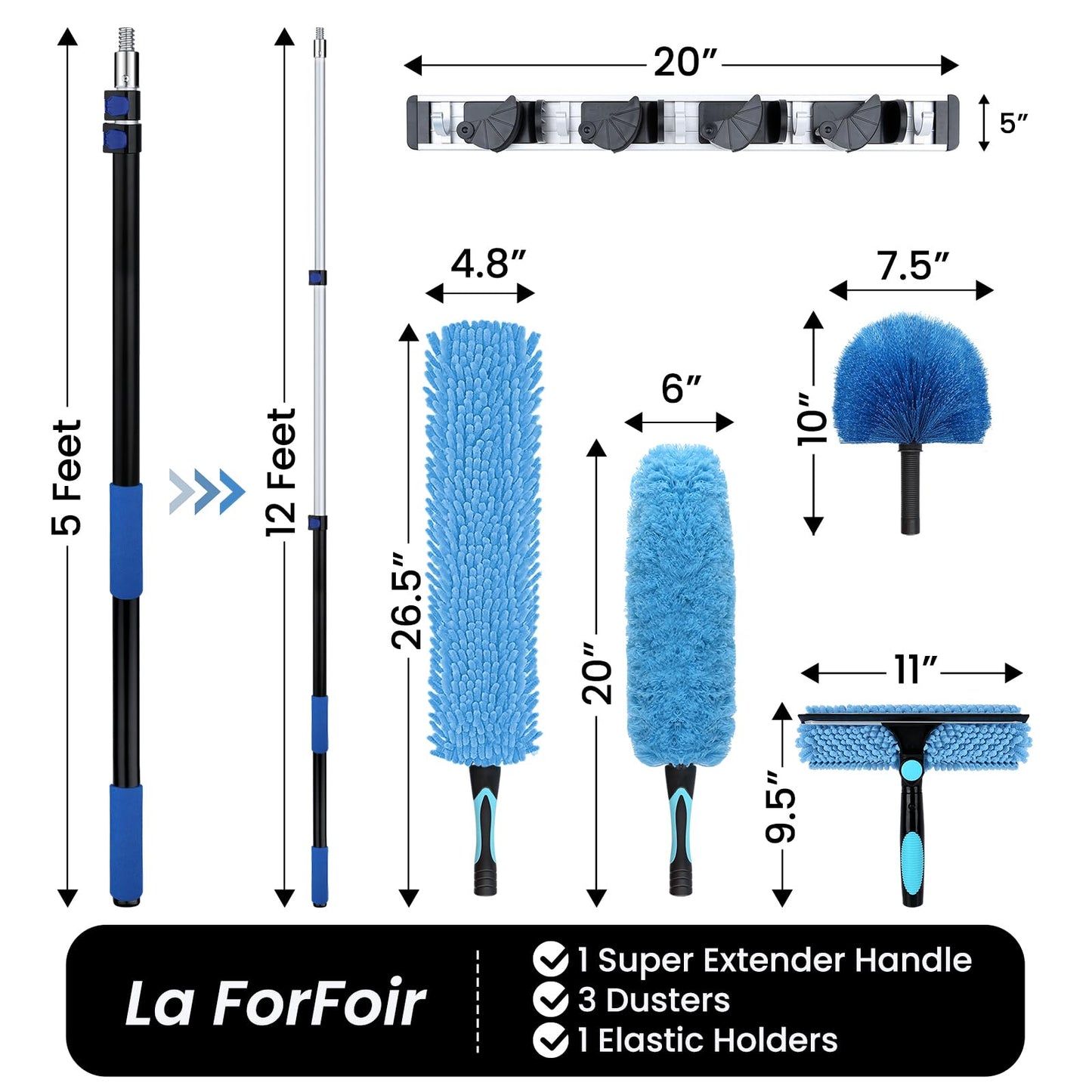 20ft High Ceiling Duster Kits with 5-12ft Heavy Duty Extension Pole - Fan Blade Cleaner, Cobweb Remover & Blue Window Squeegee Kit, Washable Dust Brush for High Roof and Glass Surfaces
