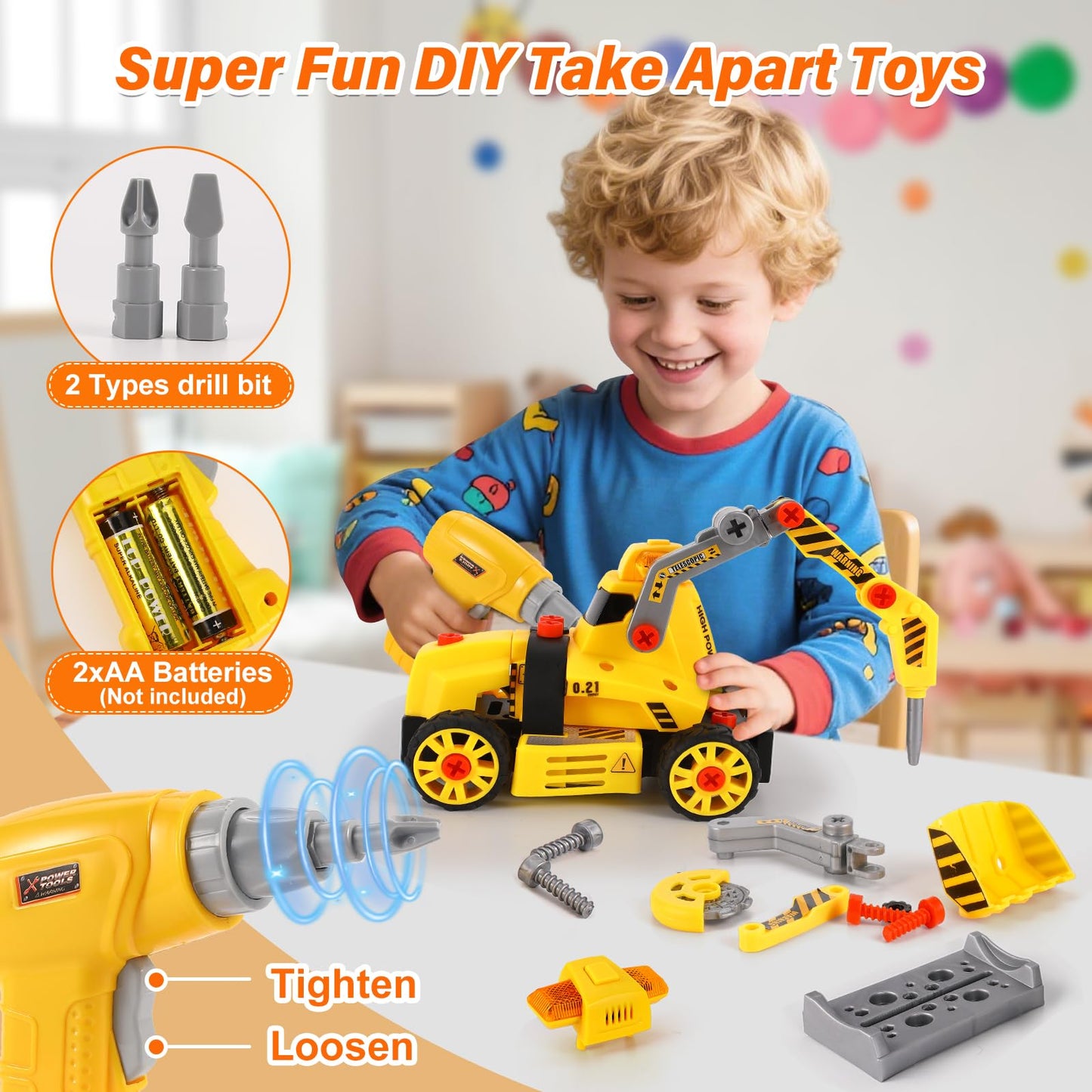 FLY2SKY Take Apart Toys with Electric Drill Truck Construction Set DIY Engineering Building Toy Push Go STEM Toy (9 in 3 Take Apart Toys)