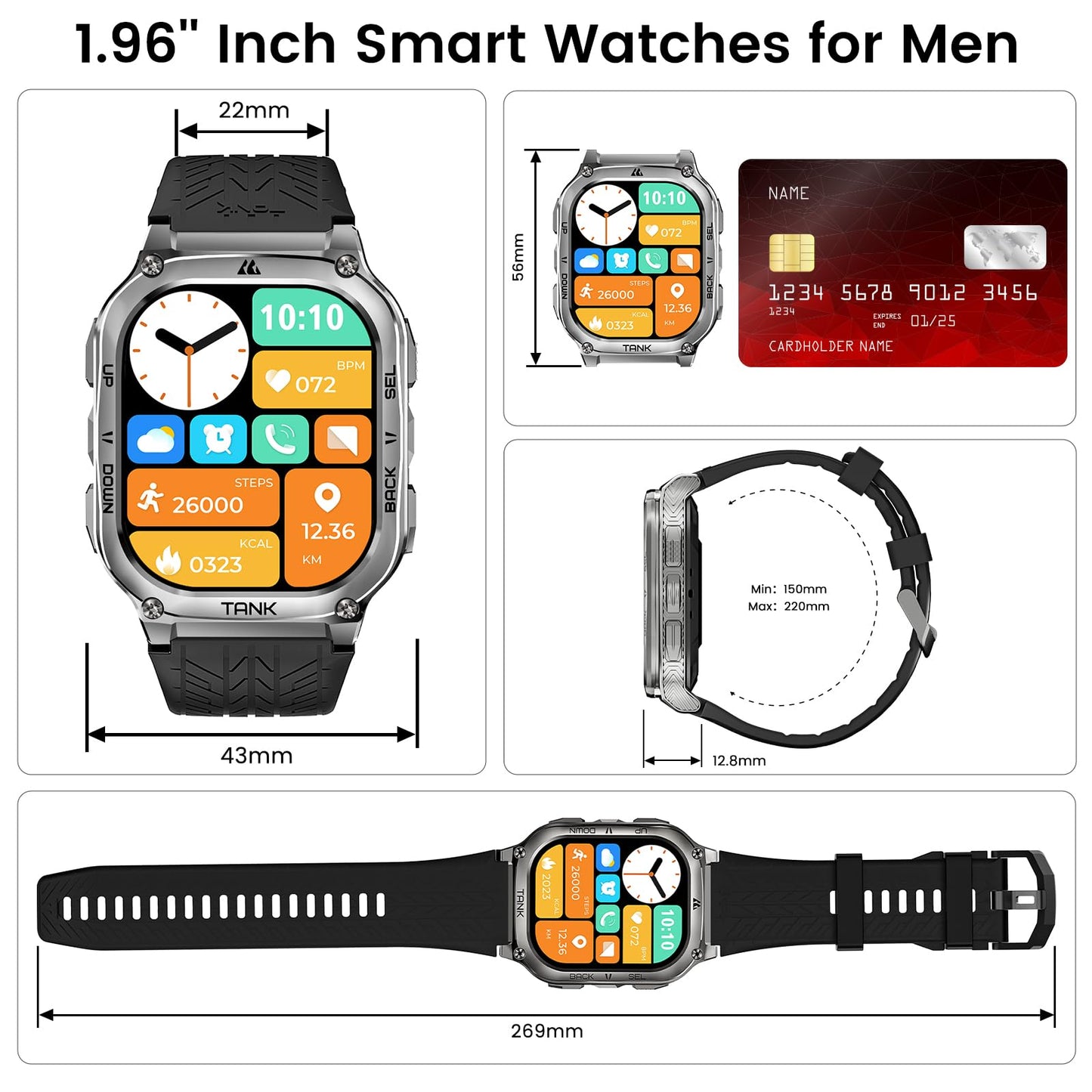 KOSPET Smart Watches for Men, 60-Day Battery Life, 50M Waterproof, Military(Full Metal), Answer/Make Call, Compatible for Android and iOS, 1.96'' AMOLED Always-on Display, AI Voice
