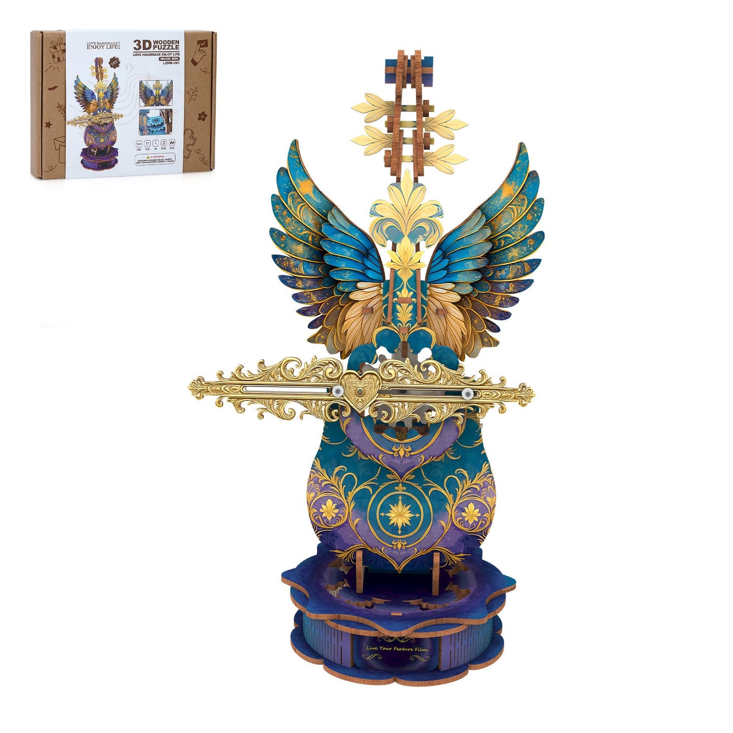 Rnfinewow 3D Puzzles for Adults, Mechanical Wooden Cello Music Box Puzzles, DIY Blue Feather Cello Music Box Crafts Model Kits for Home Decor Holiday Birthday Gifts