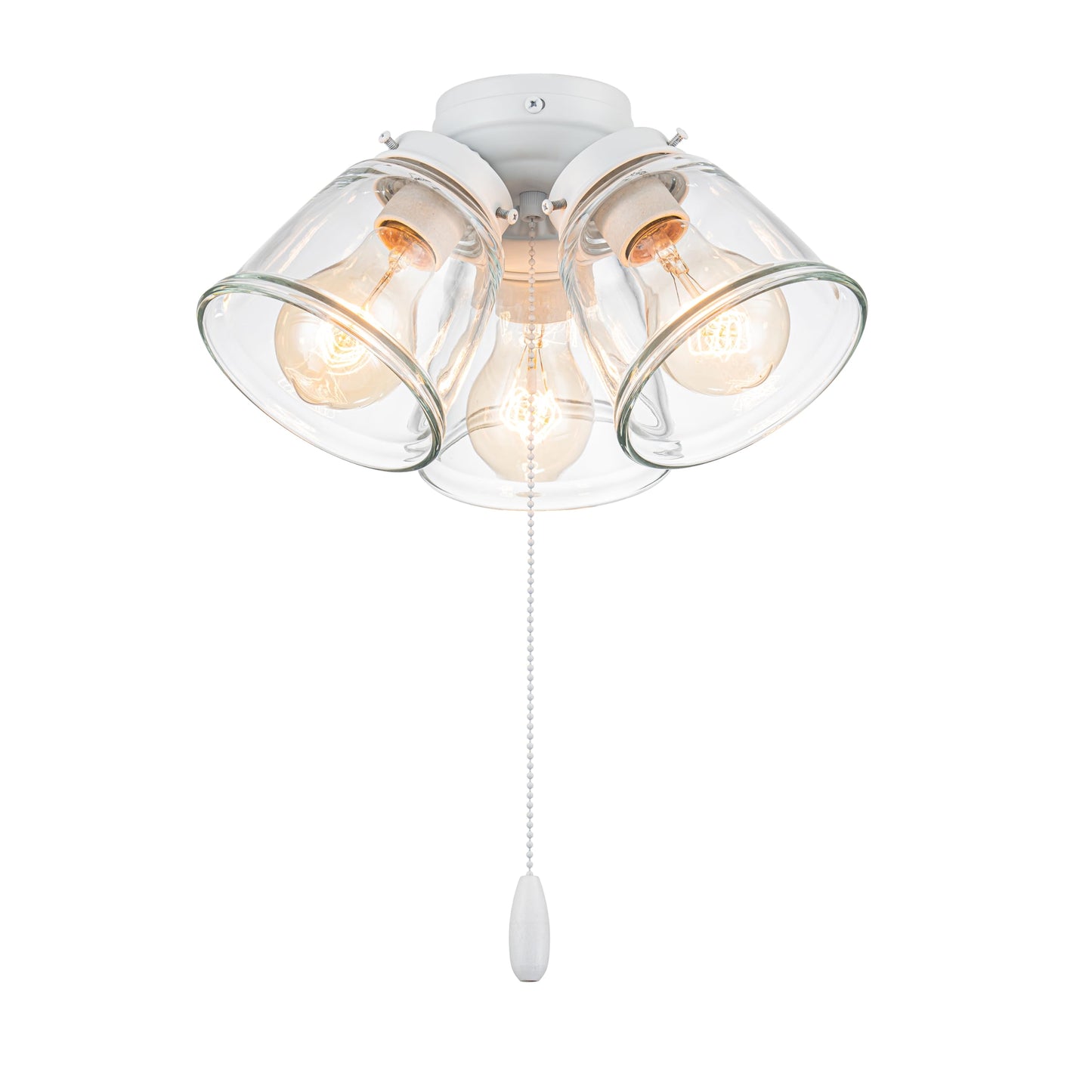 Aspen Creative 22013-1, Three-Light Ceiling Fan Light Kit with Pull Chain, Matte White Finish with Clear Glass Shades, 13-1/8" Diameter x 6-3/4" Height