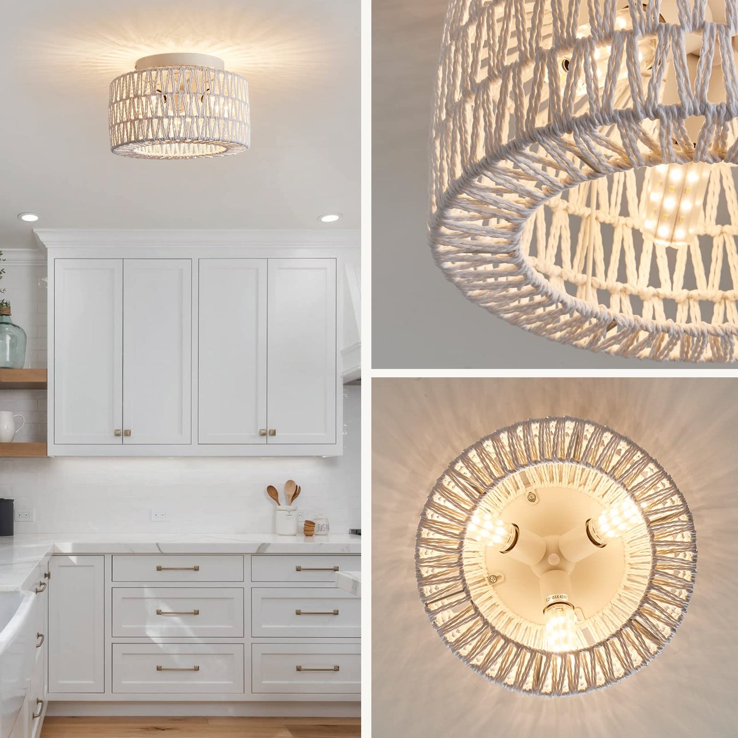 Rattan Light Fixtures Ceiling Mount, 3-Lights Boho Flush Mount Ceiling Light, Hand-Woven Cage Shade Lamp Lighting, Rustic Rattan Chandelier for Hallway Bedroom Kitchen Farmhouse Foyer Entryway (White)