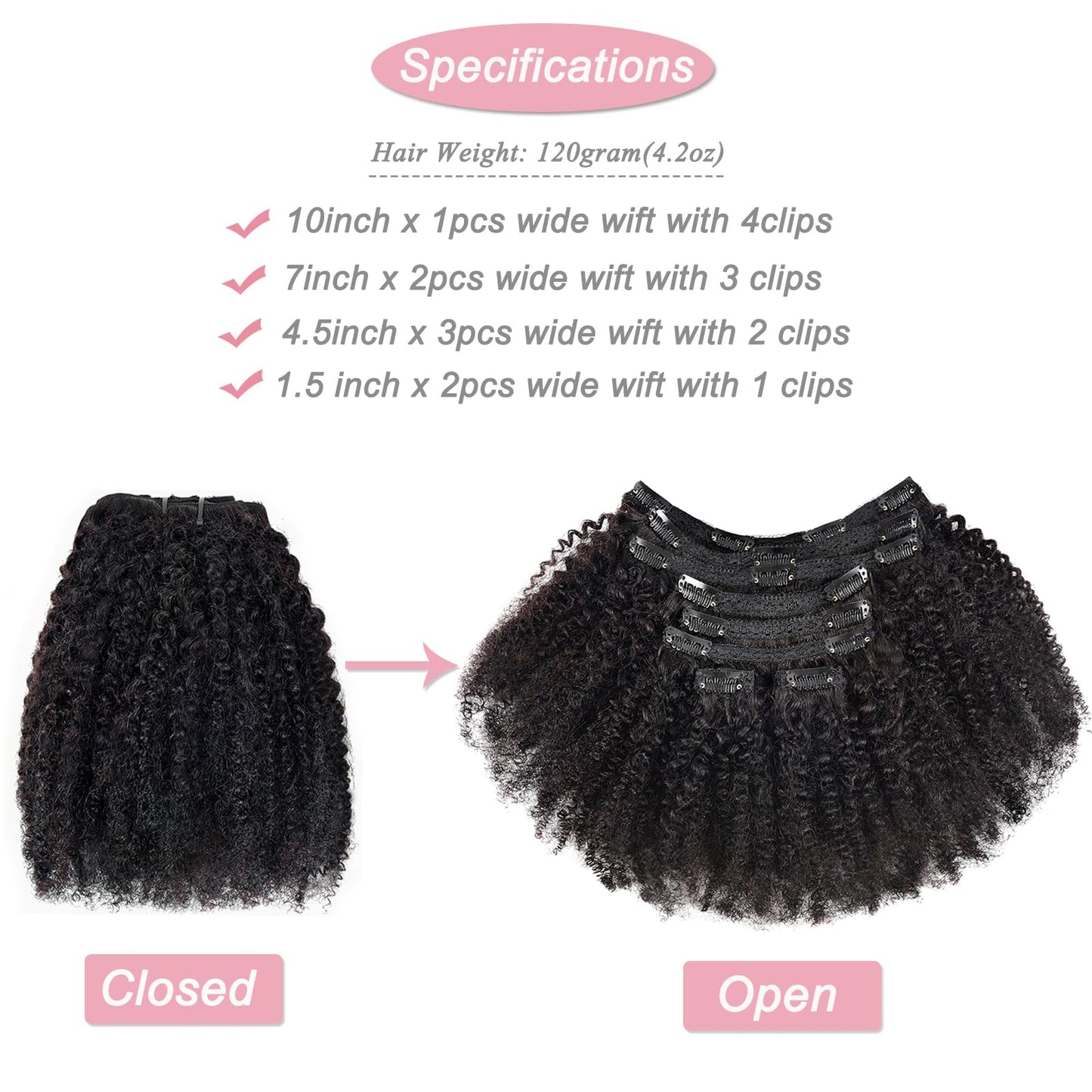 Afro Kinky Curly Clip in Hair Extensions Real Human Hair(12 Inch)8Pcs with 18 Clips 120g/set 10A Brazilian Remy Hair,4B 4C Kinky Curly Clip Ins for Black Women Natural Color