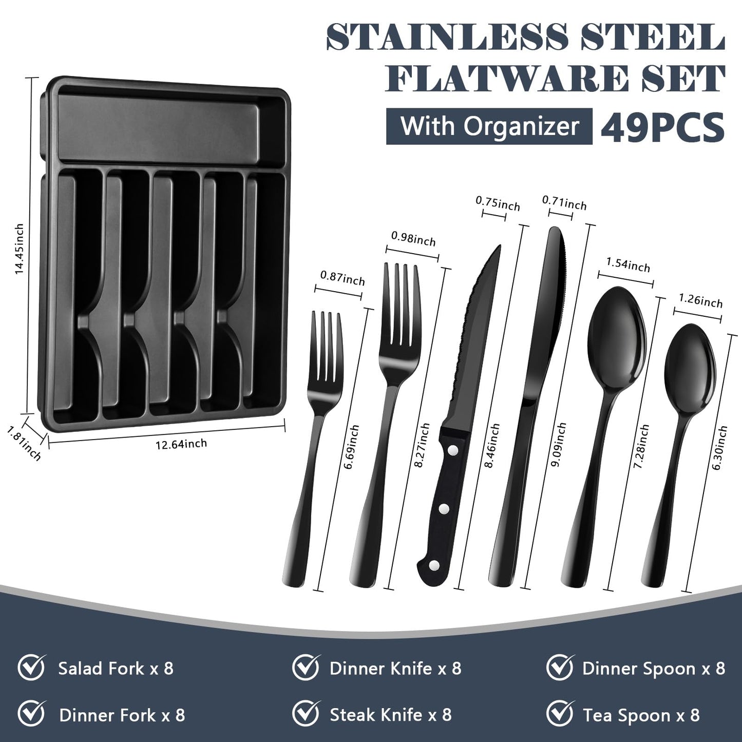 BEWOS 49-Piece Black Silverware Set with Organizer - Stainless Steel Silverware Set for 8 with Steak Knives and Drawer Organizer, Mirror Polished Flatware Set for Home and Restaurant, Dishwasher Safe