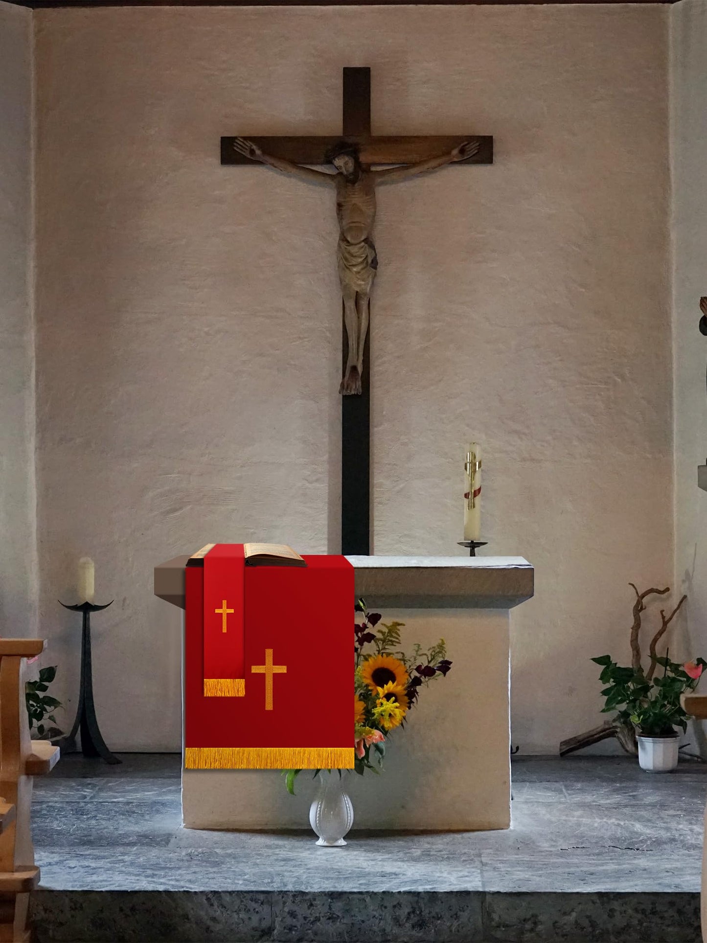 Cutecrop Set of 3 Reversible Parament Set Clergy Table Runner Bookmark Pulpit Scarf with Gold Cross Church Pulpit Accessories (Red and White)
