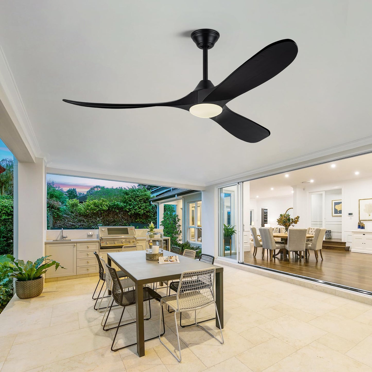 60 Inch Damp Rated Outdoor Ceiling Fan with Light, for Patio and Covered Porch - Quiet Energy Efficient DC Motor, 3 Black Wood Blades Rustic Farmhouse Style, Dimmable for Indoor Living Room, Bedroom