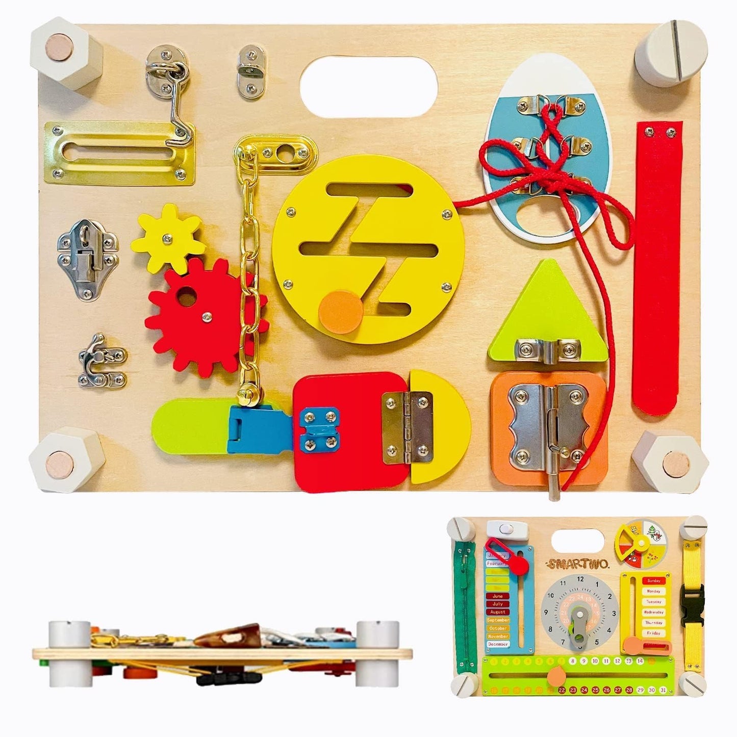 Smartwo Double-Sided Busy Board, Montessori Activities Wooden Sensory Toy for Preschool Educational Learning, Train Fine Motor, Concentration, and Life Skill Abilities for Kids 3+ Years Old