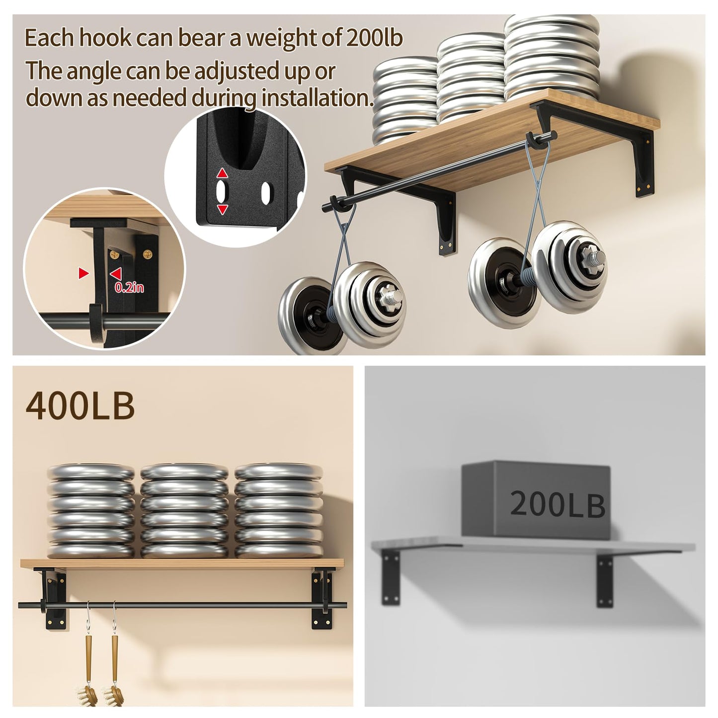 Closet Rod Brackets Heavy Duty Support 400 lbs WYGWP Wall Mounted Closet Shelf Brackets with Rod Holder for Closet, Bathroom and Kitchen (4pack Black)