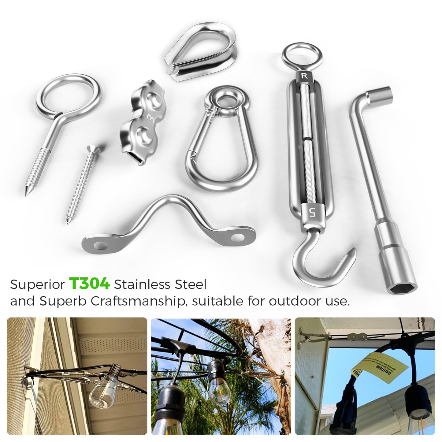 WAYSKA String Light Hanging Kit with 250FT Nylon Coated Stainless Steel 304 Wire Rope Cable Suspension Kit Included Enough Accessories, Turnbuckles and Hooks for Patio, Outdoor and Backyard Lighting