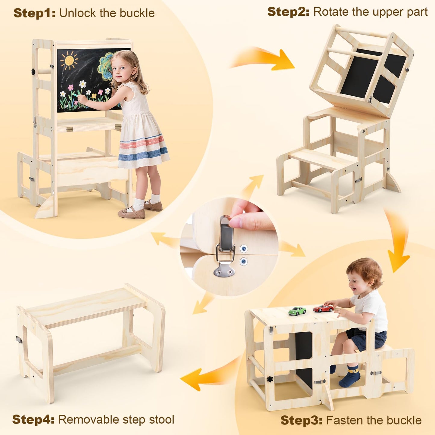 Toddler Kitchen Step Stool, 4-in-1 Foldable Standing Tower with Blackboard, Toddler Step Stool for Bathroom Sink, Kitchen Counter, Ages 18 Months to 4 Years