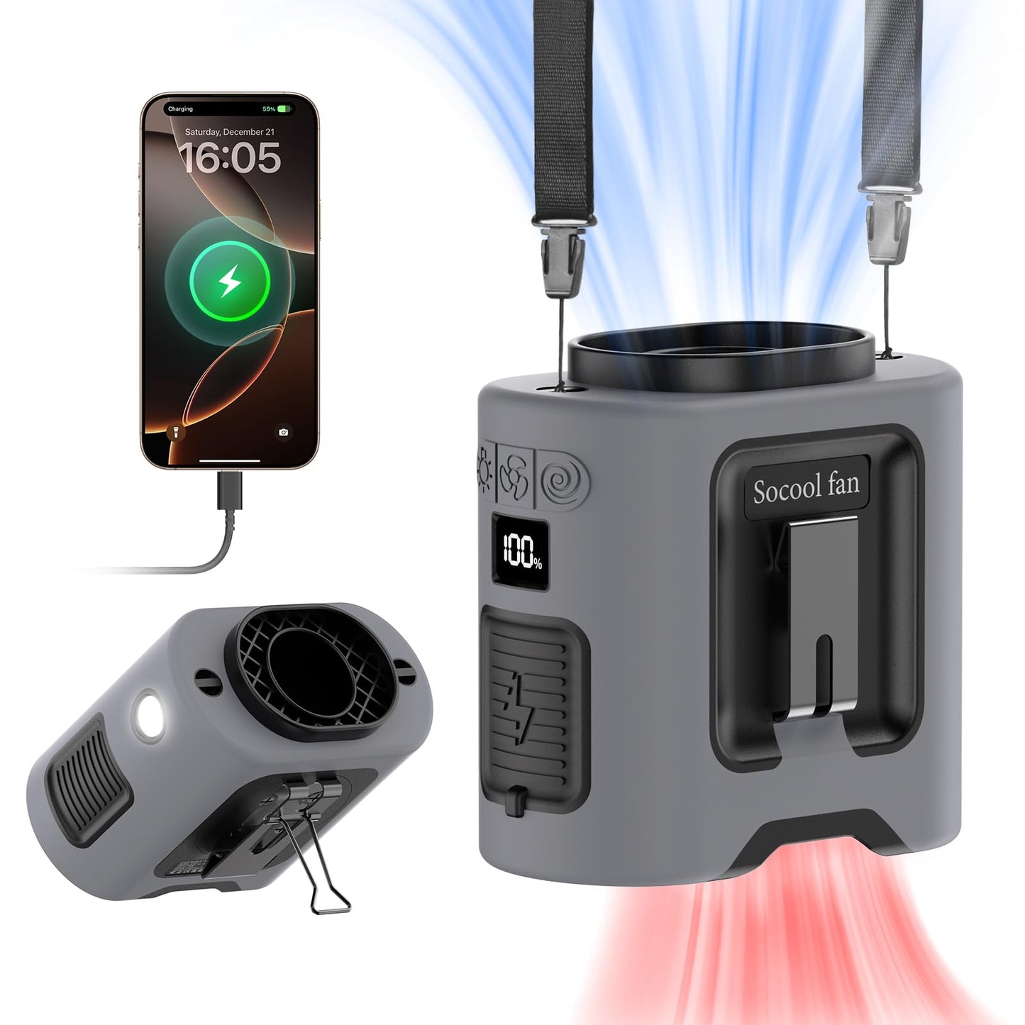 Socool 14500mAh Portable Waist Fan Clip on Belt 360 Rotation Wearable Rechargeable Personal Shirt Fan, 67H Cooling 5-Speed Battery Operated Fans with Light, Neck Fan Hanging for Outdoor Camping Travel