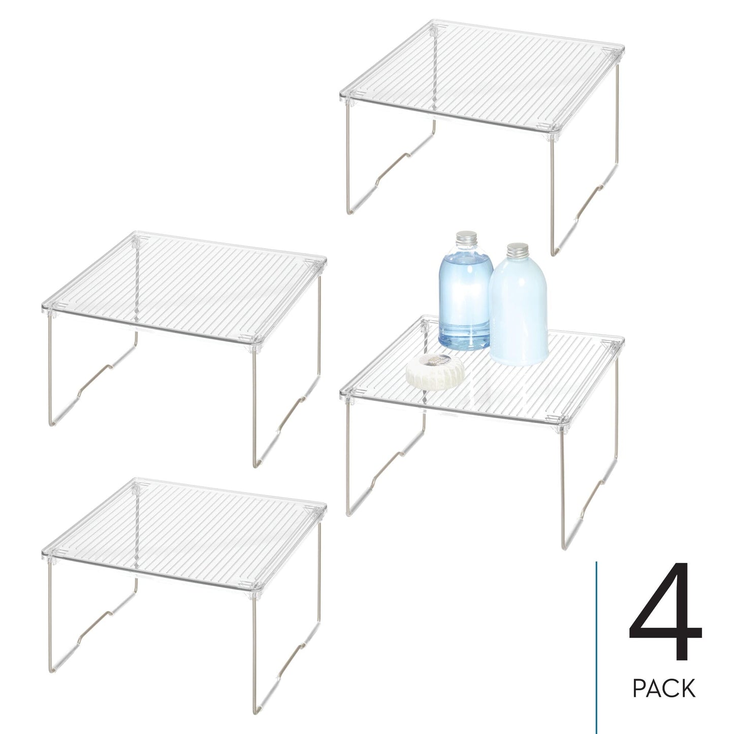 InterDesign iDesign Stackable Organizer-Cabinet Riser for Bathroom Storage-Set of 4-Clear/Satin Stacking Shelf-Small M4