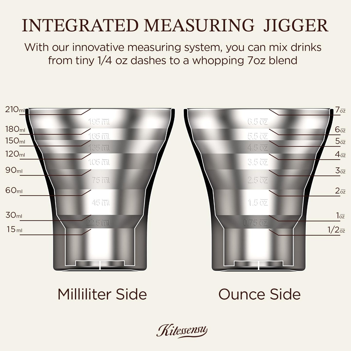 Kitessensu Hybrid Cocktail Shaker | Vacuum Insulated Stainless Steel Martini Shaker with Double Wall Martini Cup | Integrated Measuring System | Tumbler Lid & Cocktail Recipes Included | Cream
