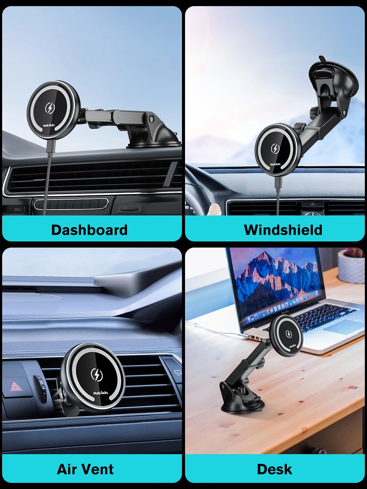 MAGJIEYX for Magnetic Magsafe Car Mount Charger, Wireless Car Charger with Fast Max 36W QC3.0Charging Adapter Retractable Phone Holder Fits iPhone16/15/14/13Plus/MagSafe Case,Dashboard/Vent/Windshield