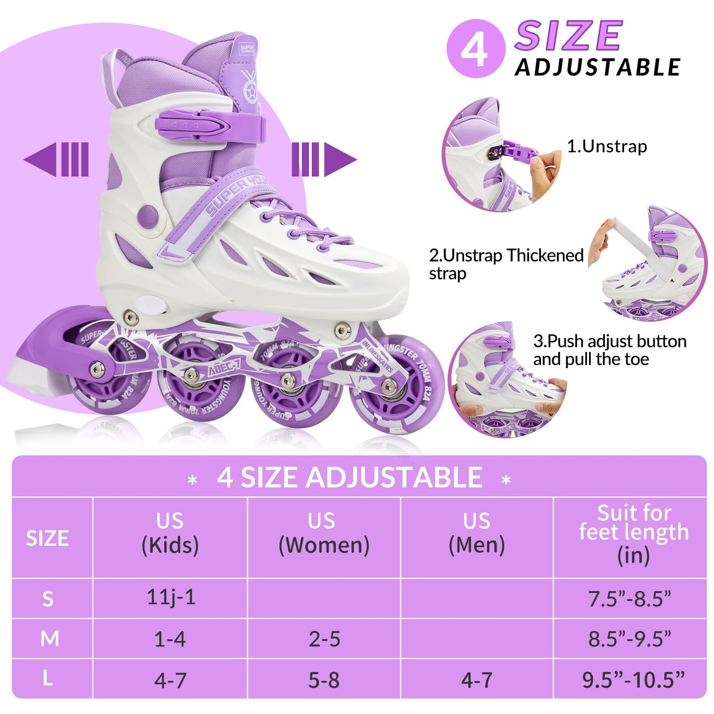 SUPER YOUNGSTER Adjustable Inline Skates for Boys Girls Ages 4-12 with Light Up Wheels, Roller Skates Blades for Youth Kids Indoor & Outdoor Beginners
