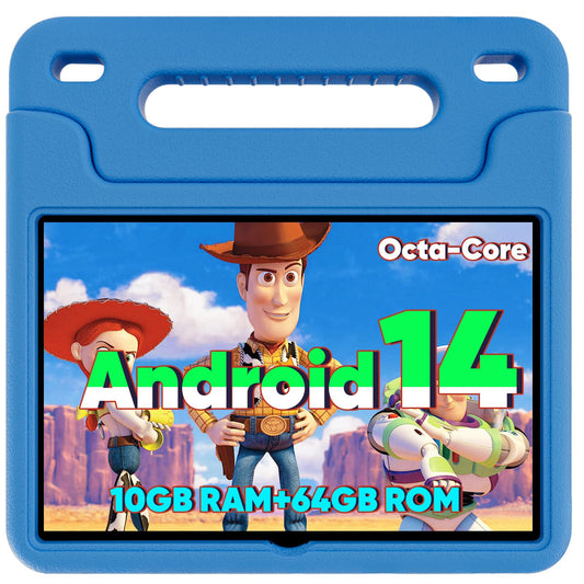 WXUNJA Kids Tablet, Android 14 Tablet for Kids 10.1 inch, 2024 Toddler Tablet Octa-Core 64GB 1TB Expandable,Children's Tablet with Case, Support Parental Control/Dual Camera/Dual Band WiFi - Blue
