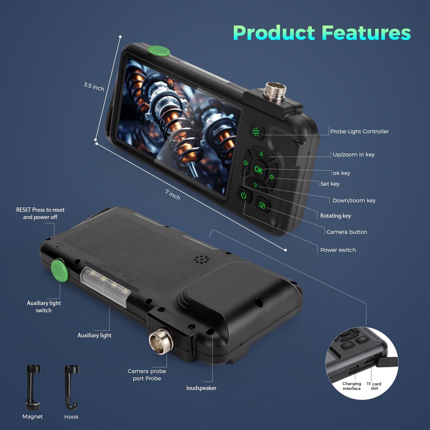 Triple Lens 1080P Borescope with 50FT Semi-Rigid Cable, 5" IPS Screen Endoscope Camera with Lights, 1080P Industrial Borescope with 32G Storage Card,IP67 Waterproof Drain Camera