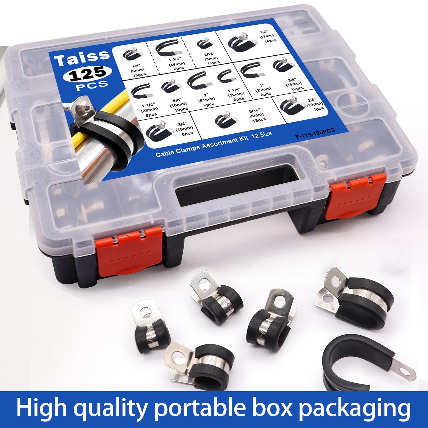 Taiss 125PCS Cable Clamps 304 Stainless Steel Rubber Cushion Pipe Clamps Assortment Kit,12 Sizes 3/16" 1/4" 5/16" 3/8" 1/2" 5/8" 3/4" 1" 1-1/4" 1-1/2" 1-3/4" 2" Wire Clamps With Portable Handheld Box
