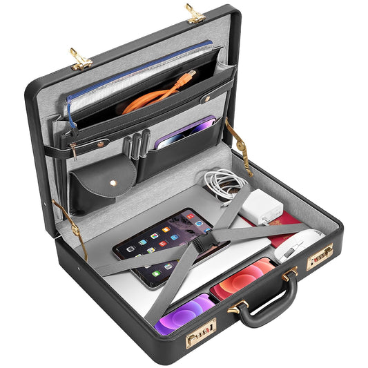 BAGAKE Briefcases - 18.1 x 3.47 x 16.14 Inch Attache Briefcase with Dual Combination Lock, PU Leather Locking Briefcase for Personal Items, Documents, Laptop, Phone, Passport, Valuables - Large/Black