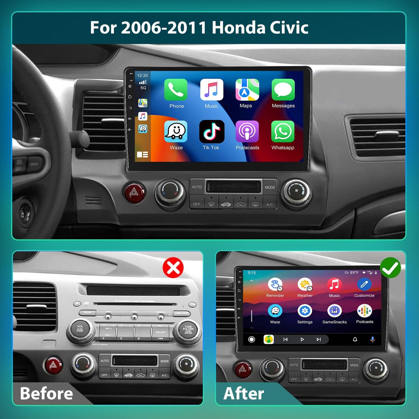 Podofo Car Stereo for Honda Civic 2006-2011 with Wireless Apple Carplay Android Auto,10.1 Inch Android Touchscreen Car Radio with GPS,Bluetooth,FM/RDS Radio,Mirror Link,HiFi + AHD Backup Camera 2G+64G