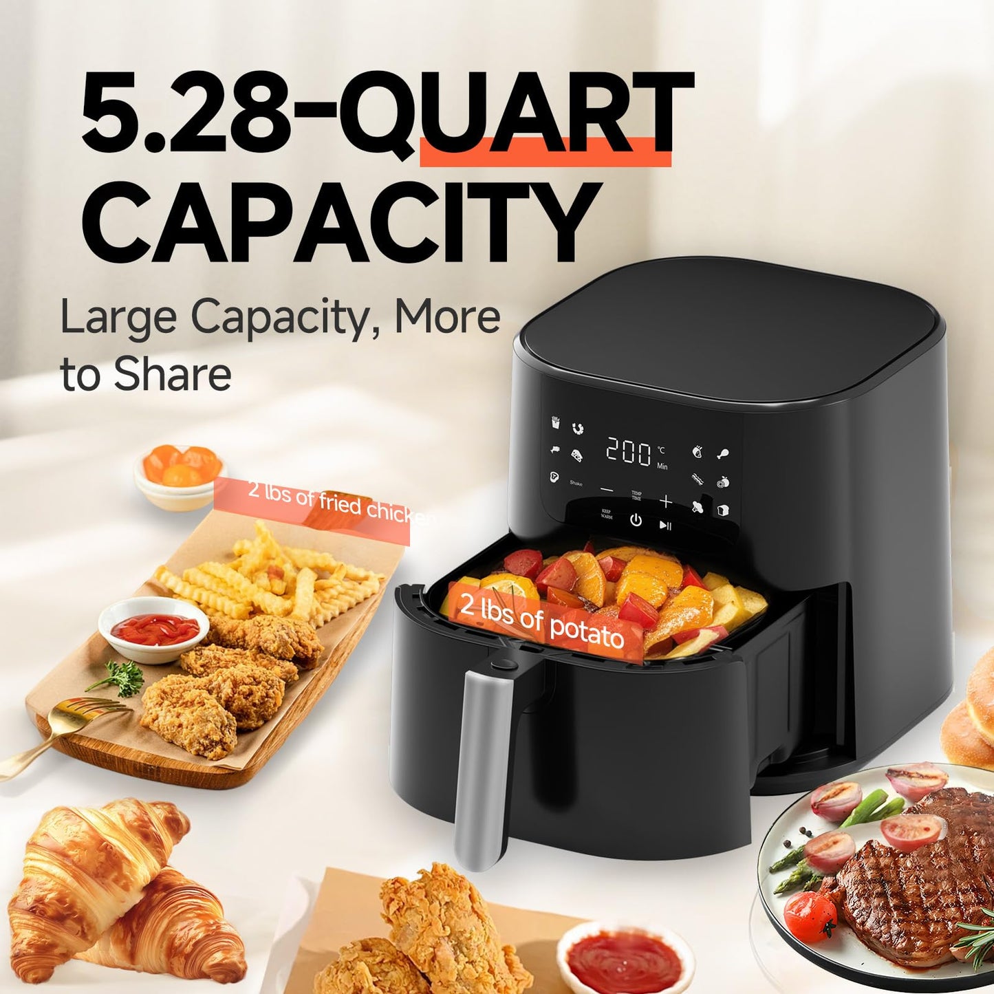 QIDO Air Fryer 8-in-1 with 5 QT Capacity,180°-450°F Precision Heating, Air Fry, Roast, Broil, Reheats, Dehydrates, Less Oil, Features Shake Reminder, Large Touch Display with Auto Menus, Dark Black
