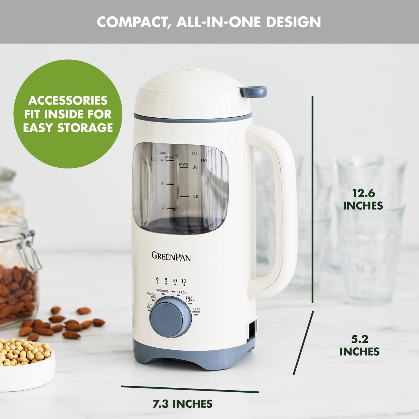 GreenPan Nut Milk Maker, 15-in-1 Homemade Soy, Almond, Oat, Coconut, Non-Dairy, Rice, Soup, Baby Food, BPA-Free, Smooth Creamy Texture, Self Clean, Barista Quality Milk, Delay Start, Boil Water, Cream