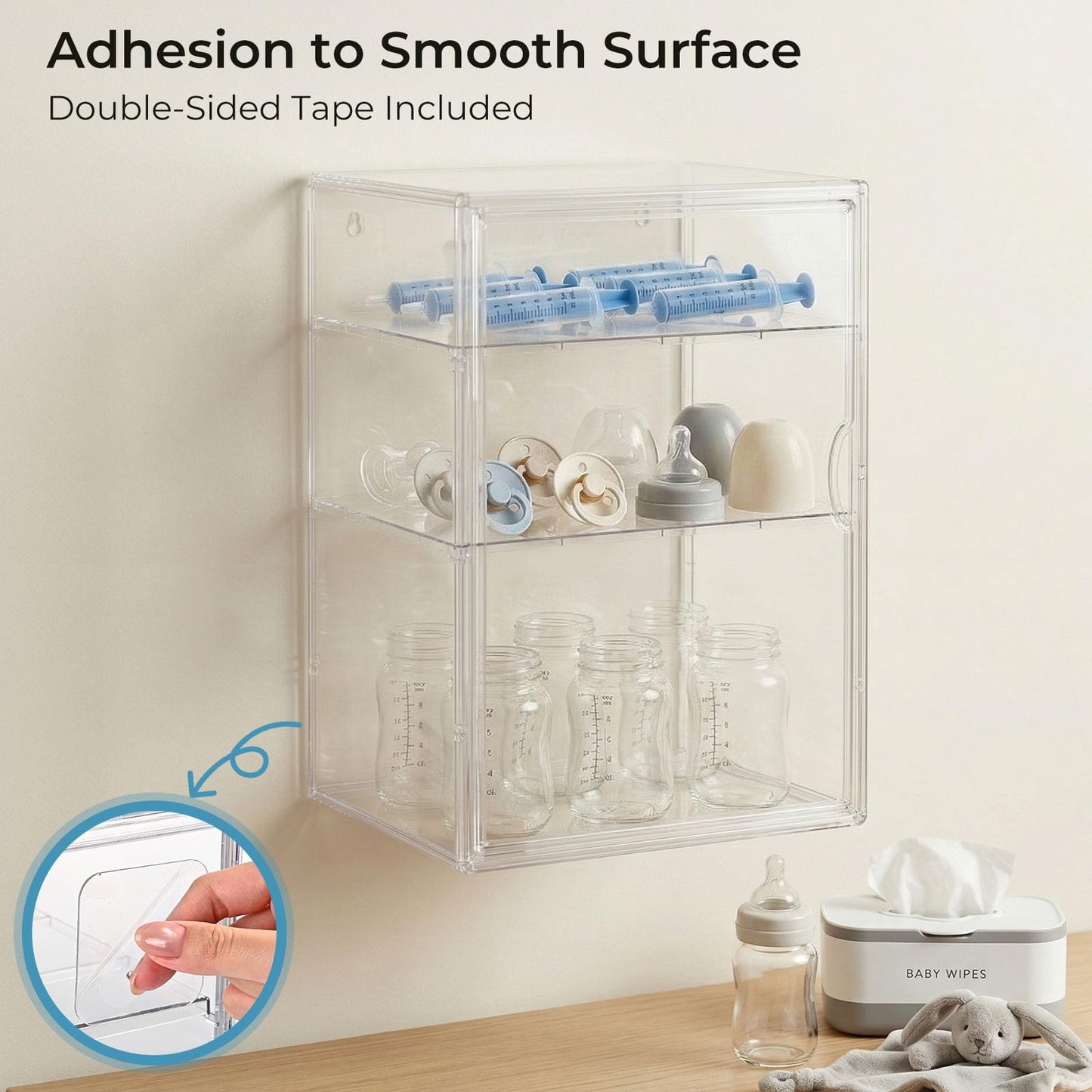 KitHero Baby Bottle Organizer – X-Large Adhesive Wall-Mount 3 Tier Adjustable Acrylic Bottle Storage Container with Magnetic Door – for Countertop, Cabinet, Kitchen, and Vanity, Gifts for New Mom