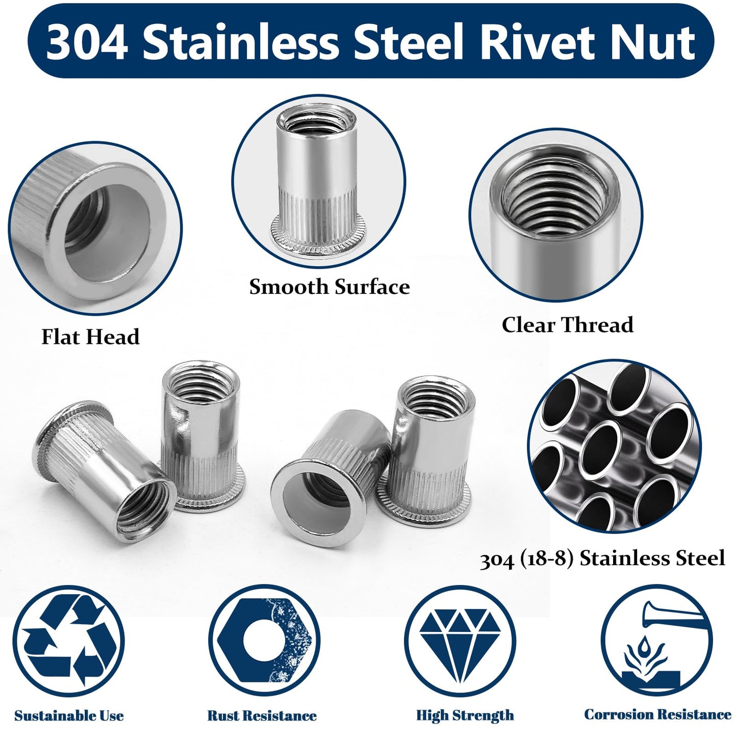 Vifmy Metric & SAE Rivet Nut Assortment Kit(300 Pcs), M3 M4 M5 M6 M8 M10 M12#8-32#10-24 1/4"-20 5/16"-18 3/8"-16 304 Stainless Steel Rivnut Set UNC Flat Head Nutsert