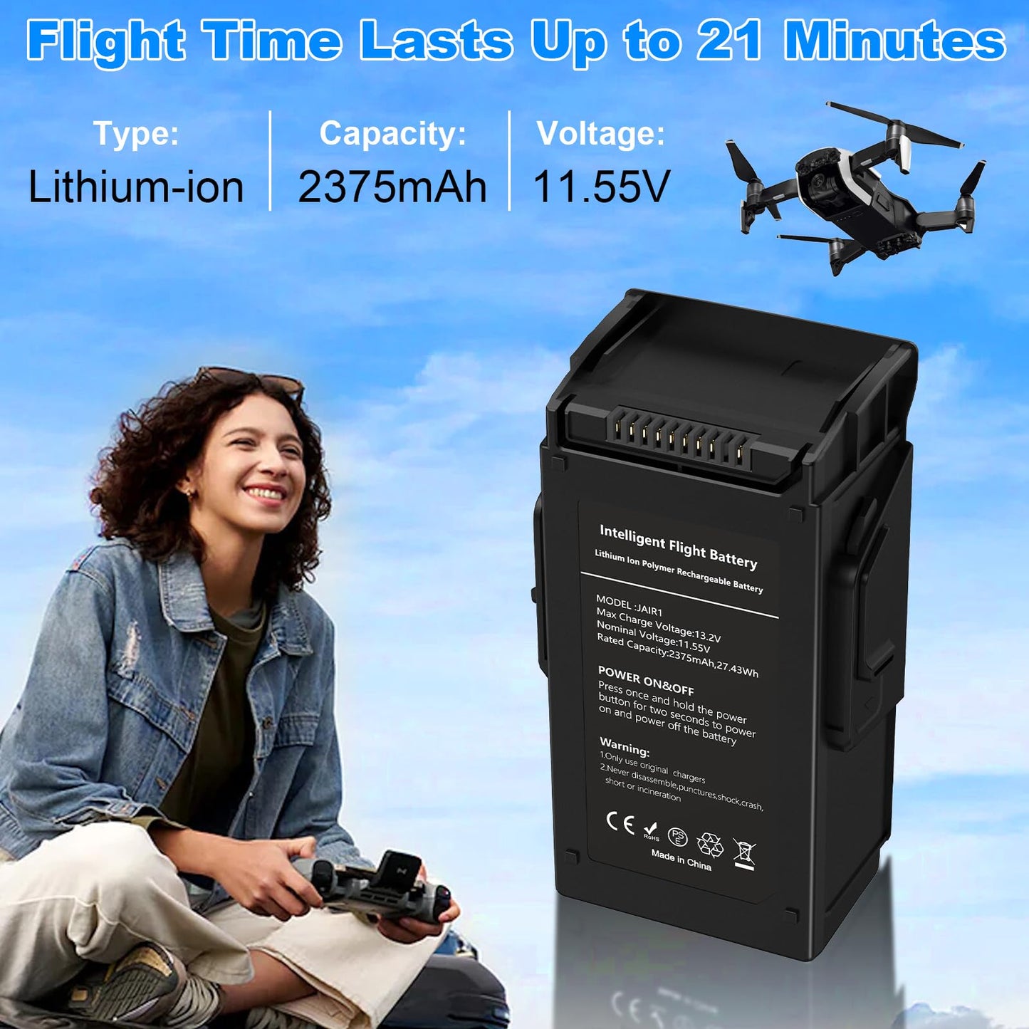 Dregin Mavic Air 1 Battery, 2375mAh 11.55V Intelligent Flight Battery for DJI Mavic Air 1 Drone (21 Mins Maximum Flight Time)