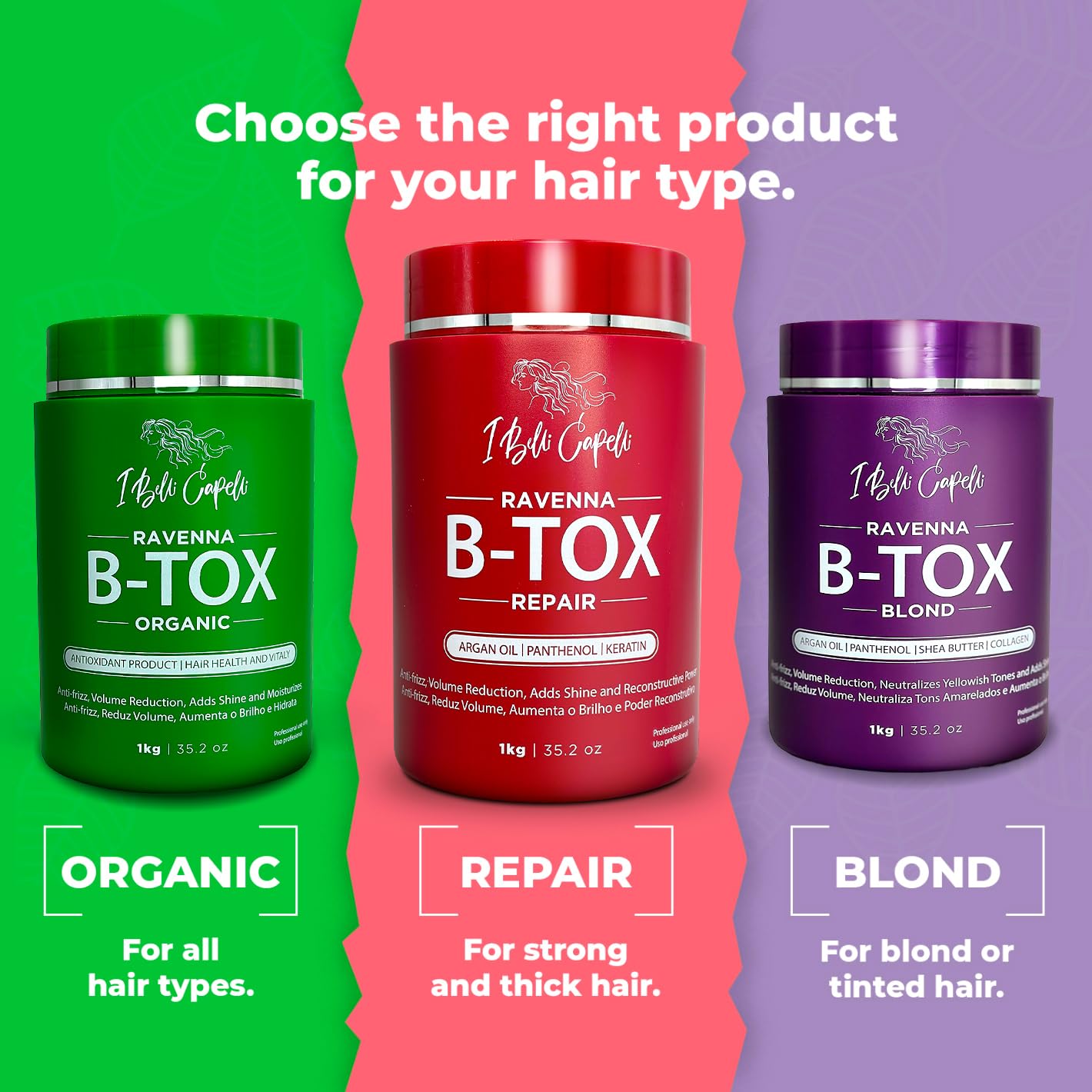 I Belli Capelli Ravenna Hair Treatment Kit- 1kg/35.02 oz B-tox Hair Mask + 300ml/10.1 fl.oz Anti-Residue Shampoo- Repair & Clarifying Shampoo for Longer Effect
