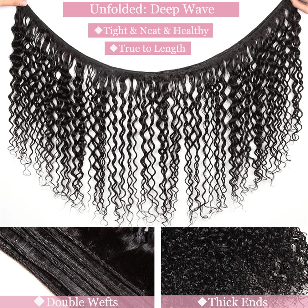 Deep Wave Bundles Human Hair 1 Bundle 24 Inch Water Wave Bundles 12A Brazilian 100% Unprocessed Virgin Human Hair Wet and Wavy Bundle Double Weft Deep Curly Weave Natural Black