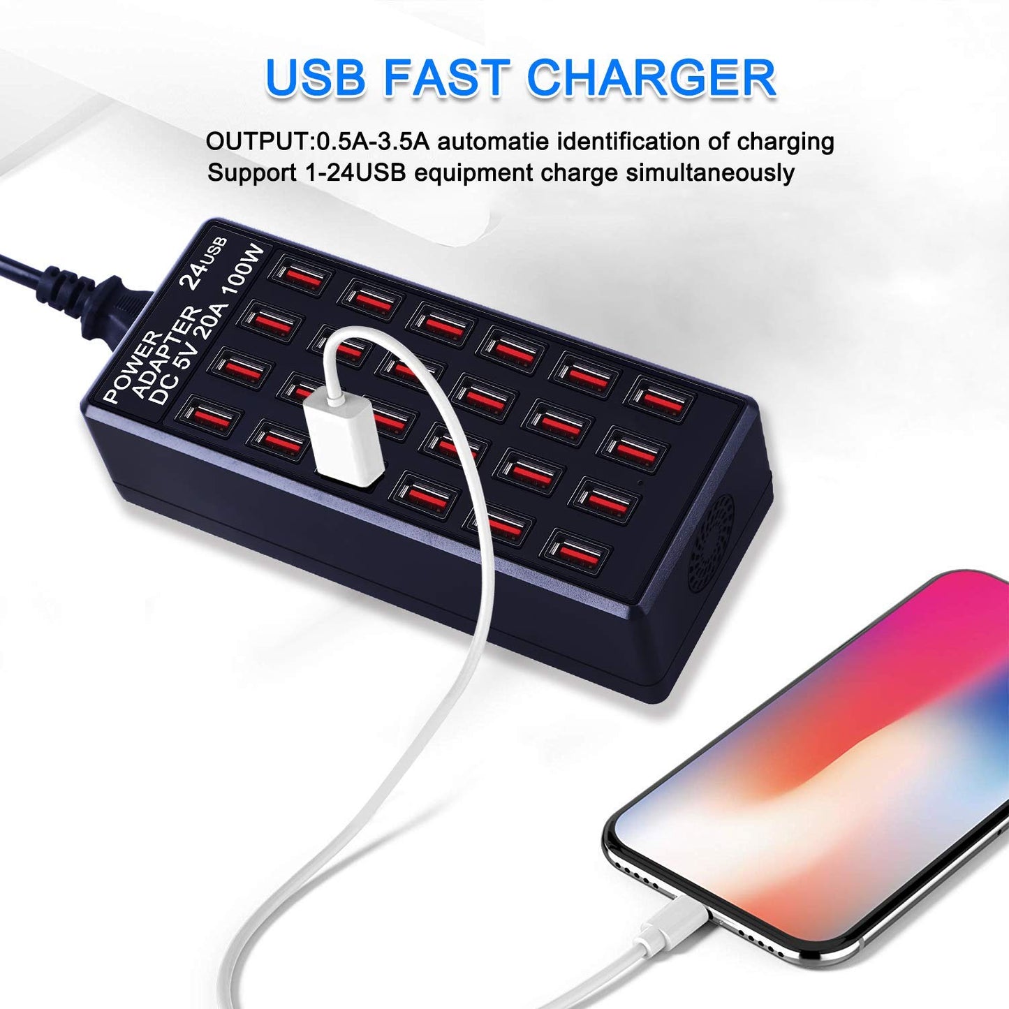 24-Port 100 watt (20 A) USB Charging Station, Home Desktop Fast Charger, Multiple Chargers, Suitable for Hotels, Shops, Schools, Shopping malls and Travel