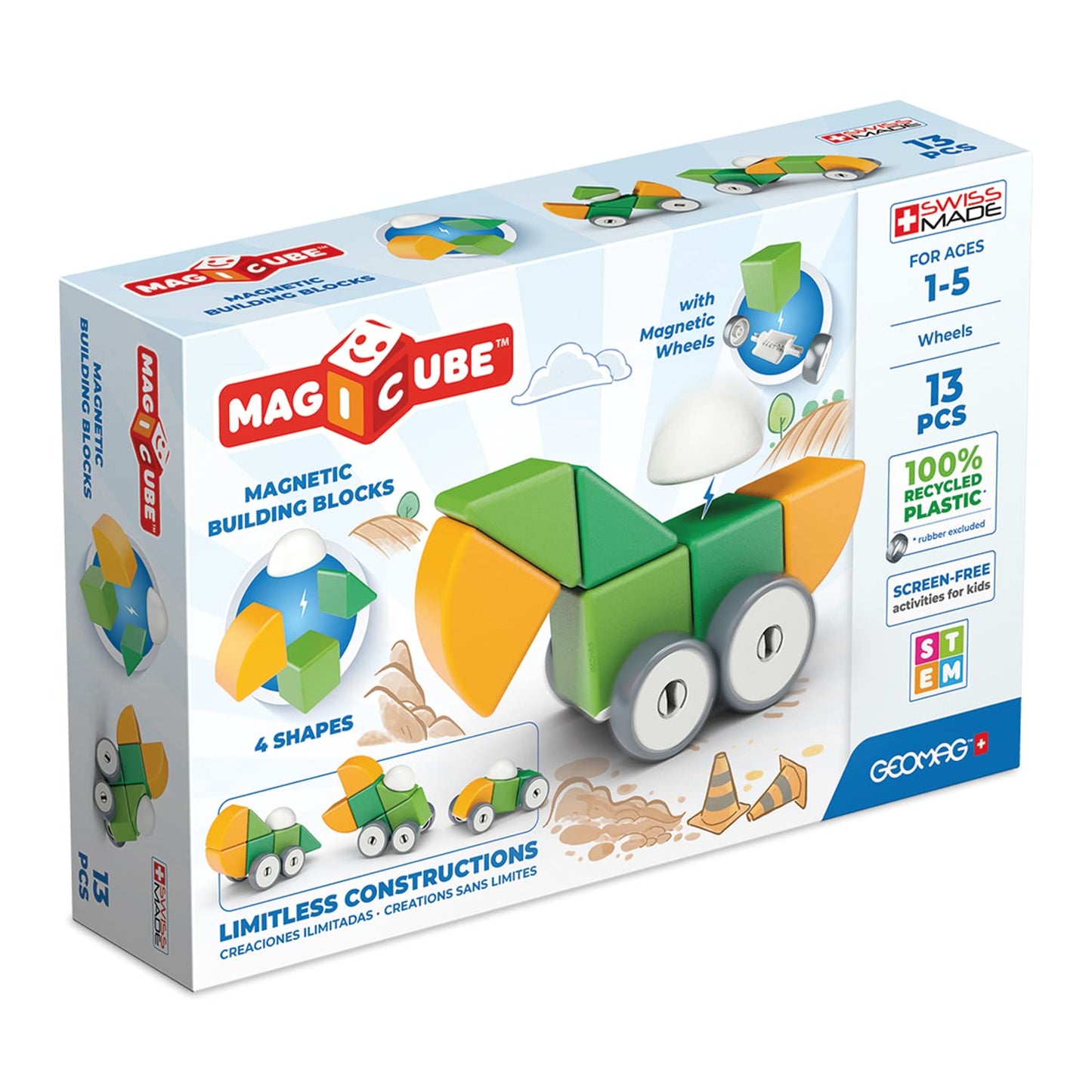 GEOMAG Magnetic Toys | Magnets for Kids | 13 Pieces | Magicube Shapes Wheels Set | Early Learning STEM Educational Building Blocks | Recycled Plastic | Ages 1-5
