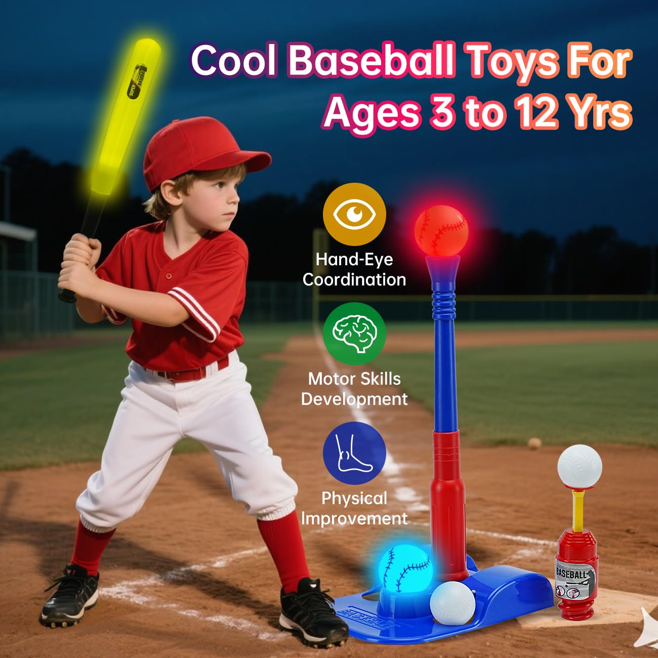 2 in 1 Glow in The Dark T Ball Sets for Kids 3-5 5-8,Light up Tee Ball Set with Automatic Pitching Machine/Adjustable Glow Batting Bat & Stand/6 Balls /2 Glow Balls, Baseball Toys for Toddlers Boys