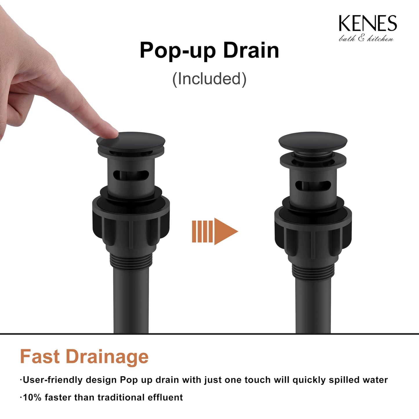 KENES Matte Black Single Handle Bathroom Sink Faucet, Stainless Steel Vanity Faucet for Bathroom Sink, with Pop Up Drain Stopper & Water Supply Hoses LJ-9031-2