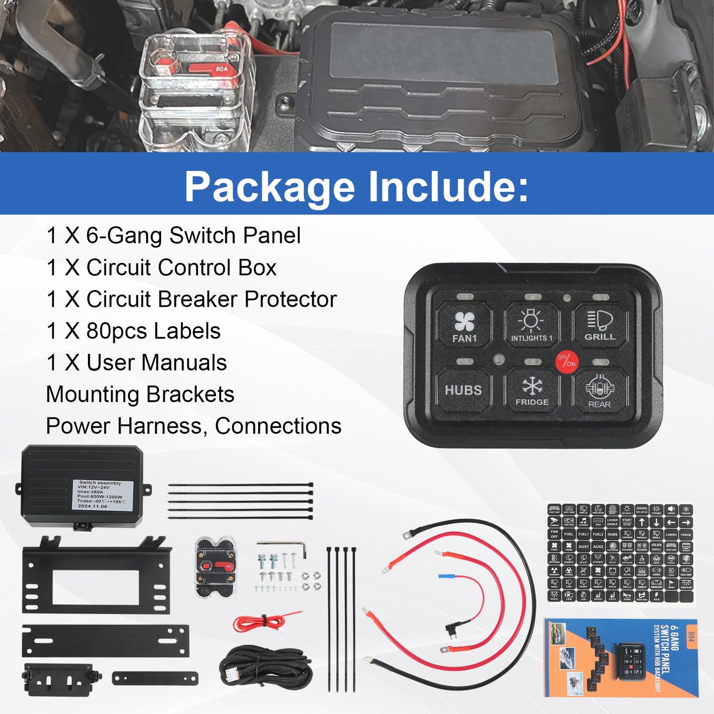 RUIANOMG 6 Gang Switch Panel, Universal Circuit Control Relay System with Fuse Wiring Harness and Automatic Dimmable ON-Off LED Switch Pod for Pickup Truck SUV Car Boat ATV UTV