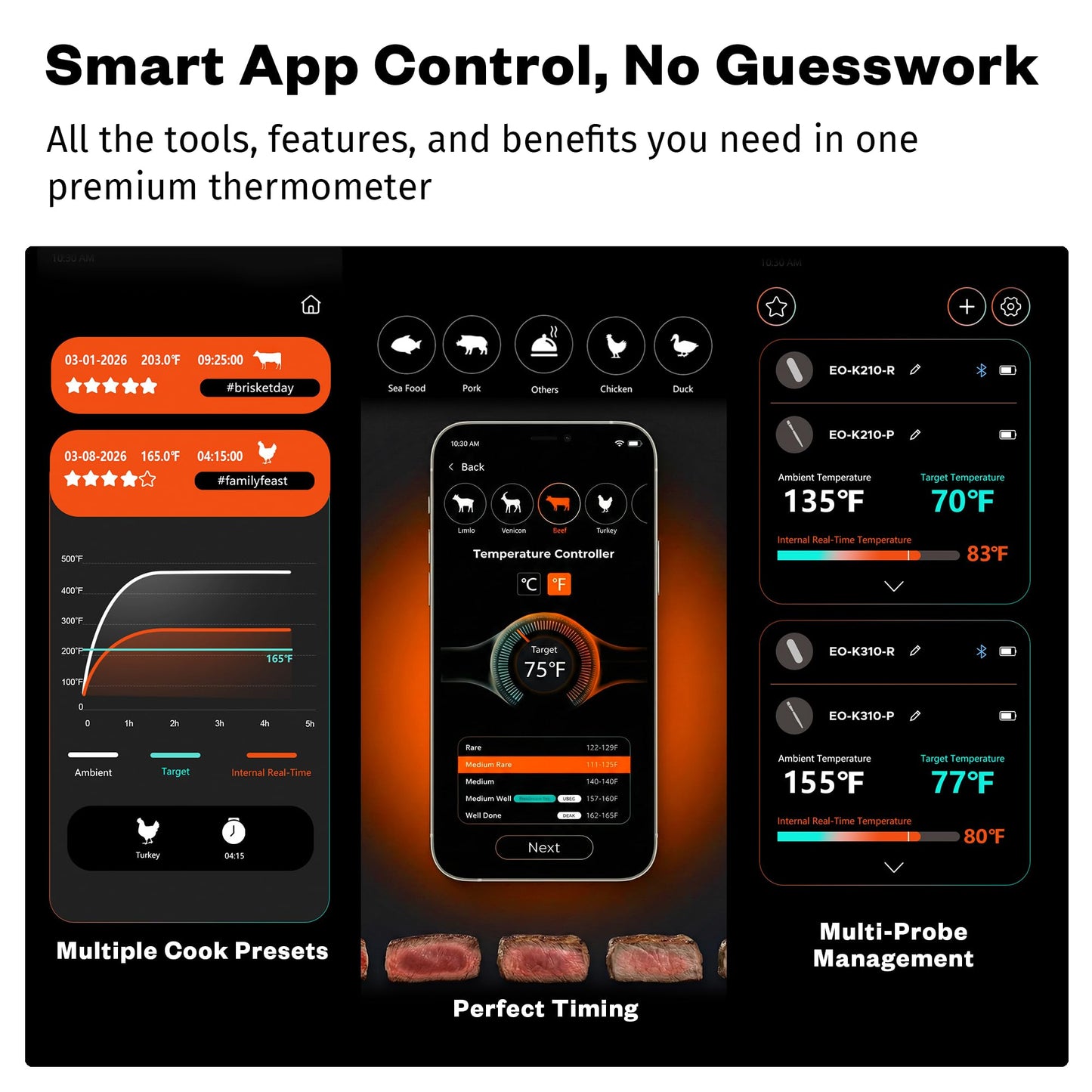 East Oak Wireless Meat Thermometer | 5-Sensor Precision for Chef-Level Results | Extreme Heat Resistance | Smart App Remote Monitoring | Perfect for Grills, Smokers, Ovens & Air Fryers, Brown