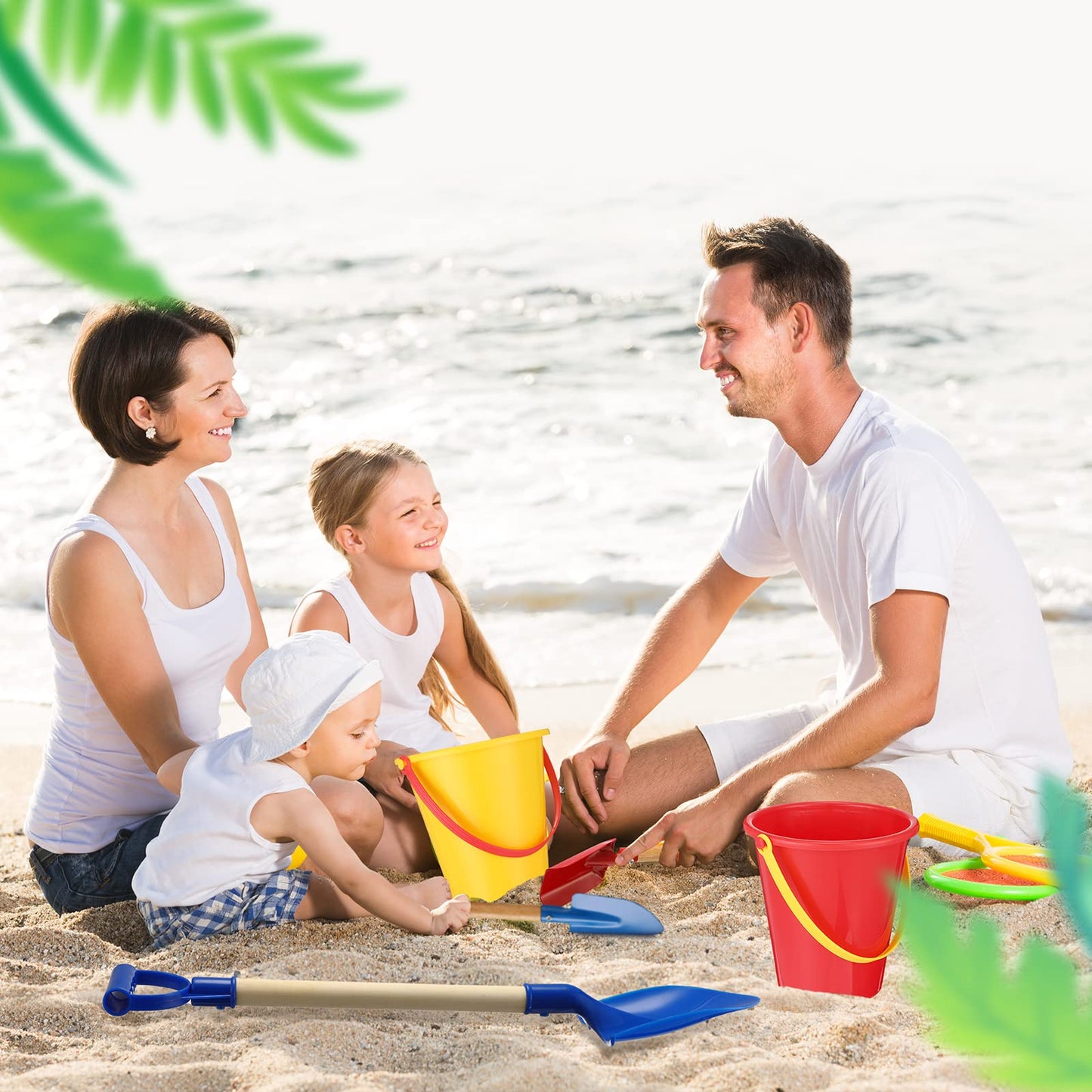 Jexine 24 Pcs Sand Buckets and Shovels for Kids Beach Sand Toys Bulk 12 Plastic Beach Buckets and 12 22 Inches Gardening Shovel with Wooden Handle Summer Toys for Boys and Girls, 4 Colors