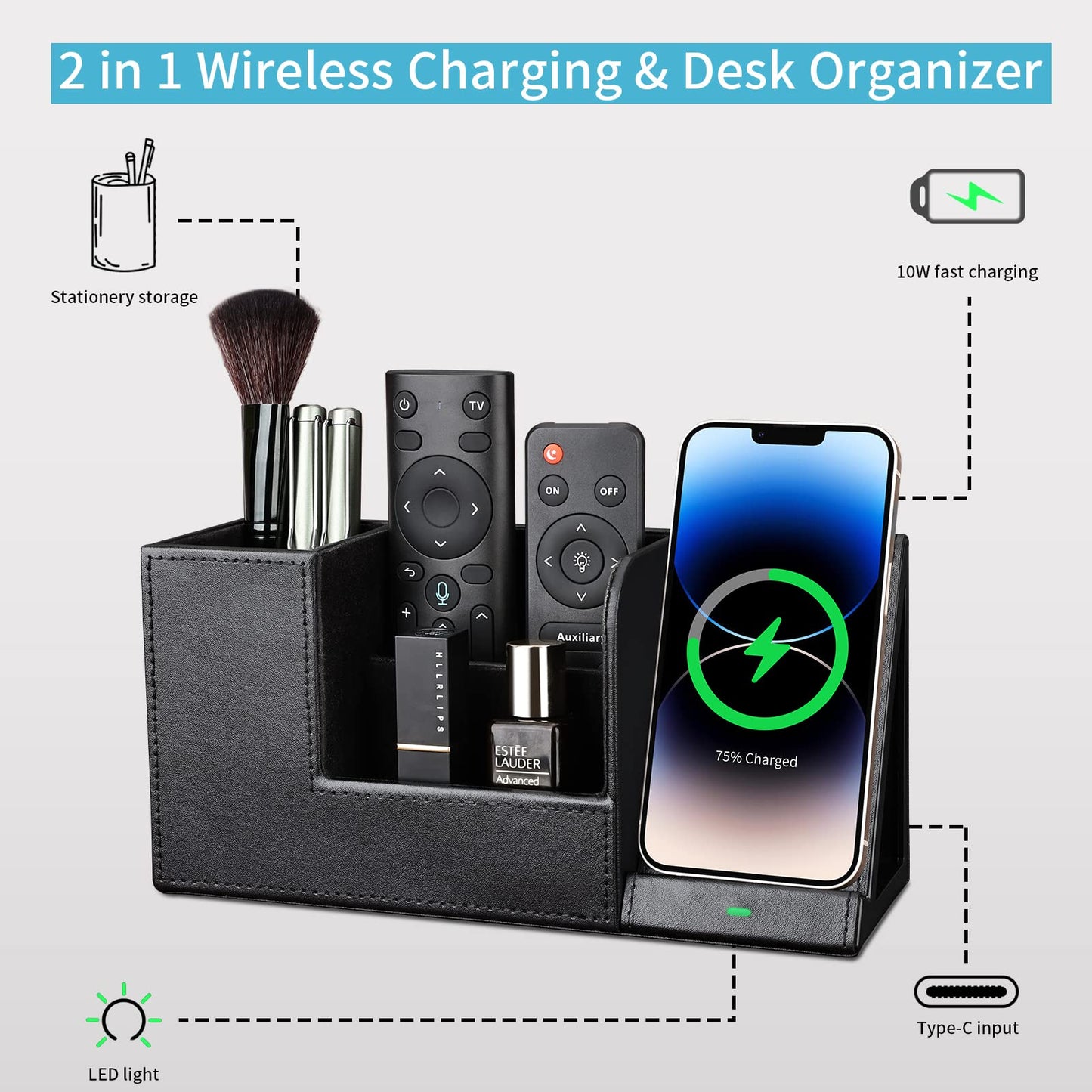 KINGFOM PU Leather Desk Organizer with Wireless Charging Station for iPhone, 10W Wireless Charger for iPhone 14/14 Pro/13/12/Samsung Galaxy S23/S22/S21/Note 20/Note 10(Black-L)