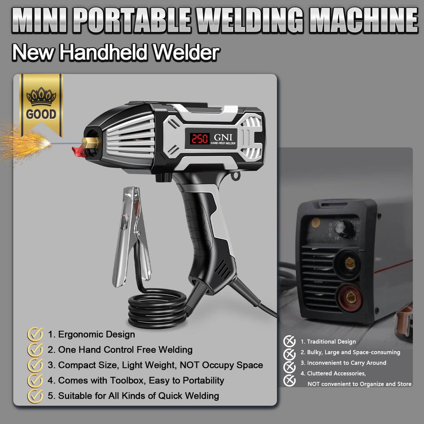 GNI Welding Machine Handheld, Portable Welder Machine 110V 250A with Toolbox, 20PCS Rods Stick Welder for 1/16"-1/8" Rod, IGBT Inverter LCD Digital Display Hand Held Welder with Arc Force Anti-stick