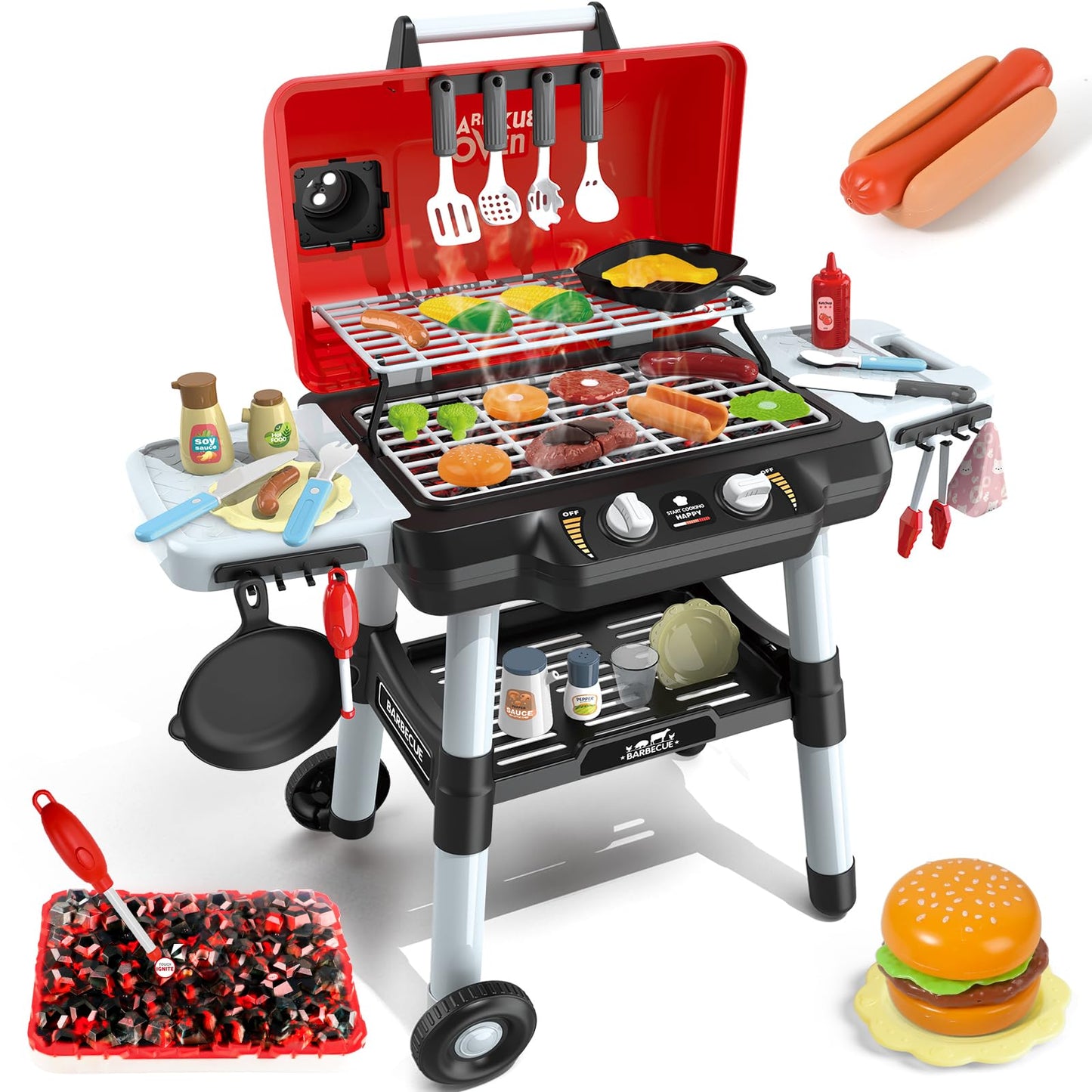 Kids Play Kitchen Toys, Kids BBQ Grill Playset with Smoke Sound Light, 2-Layer Barbecue Toy with Wheel, Outdoor Play Grill Toys for Toddlers 3-5, Play Food Toys Cooking Set, Birthday Gift for Boy Girl