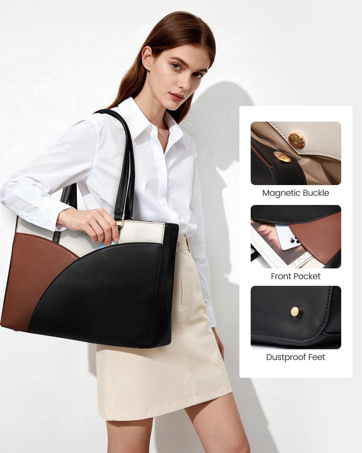 LOVEVOOK Laptop Bag for Women,17.3Inch Work Teacher Bags Leather Tote Bag Briefcase Waterproof Computer Bag for Women，Black-White-Brown