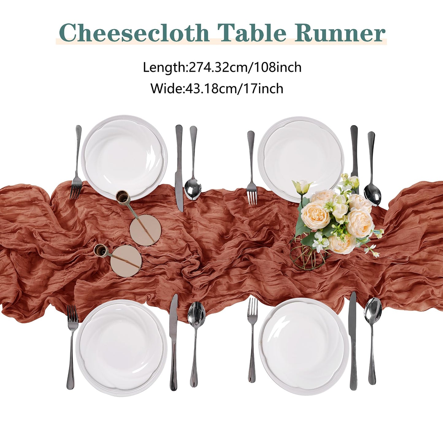 30 Pack Terracotta Cheesecloth Table Runner 9FT Rustic Sheer Table Runners 17x108 Inch Gauze Boho Runner for Wedding Bridal Baby Shower Birthday Party Table Decorations