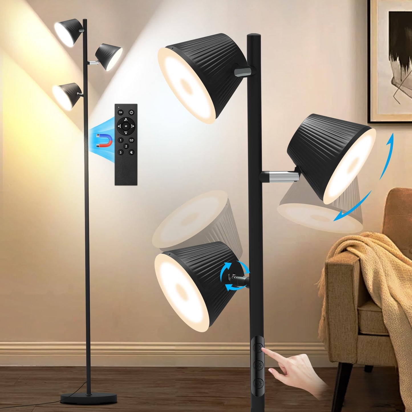 Pesken 42W LED Tree Floor Lamp, 4500 Lumens Dimmable Standing Lamp with Remote & Touch Control, Modern Super Bright 3 Rotatable LED Light Floor Lamps for Living Room, Bedroom, Office