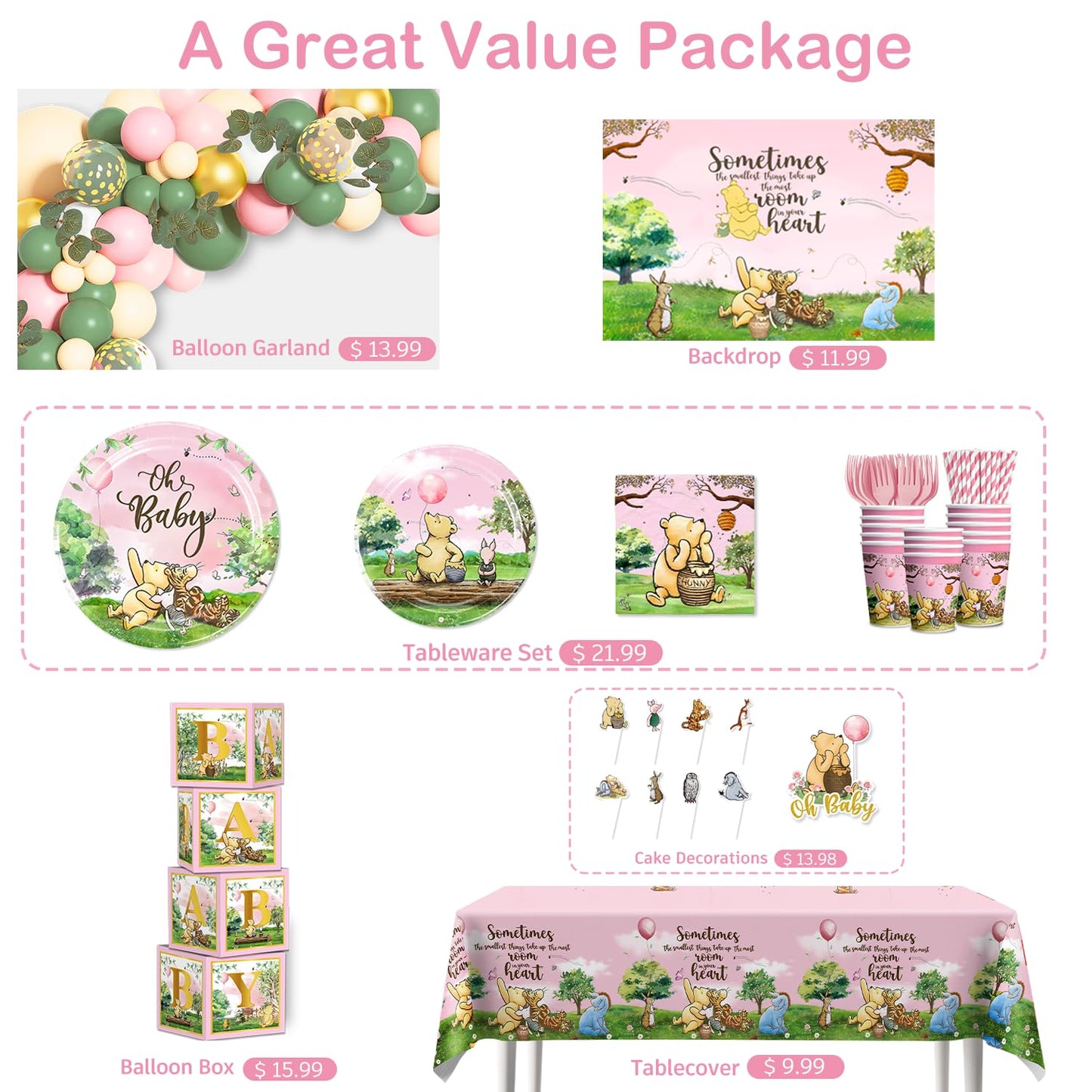 cocomigo 266PCS Pink Classic Bear Baby Shower Decorations Set, All-in-One Party Supplies Pack with 20 Plates, Classic Cupcake Stand, Cupcake Toppers Backdrop, Baby Shower for Girls