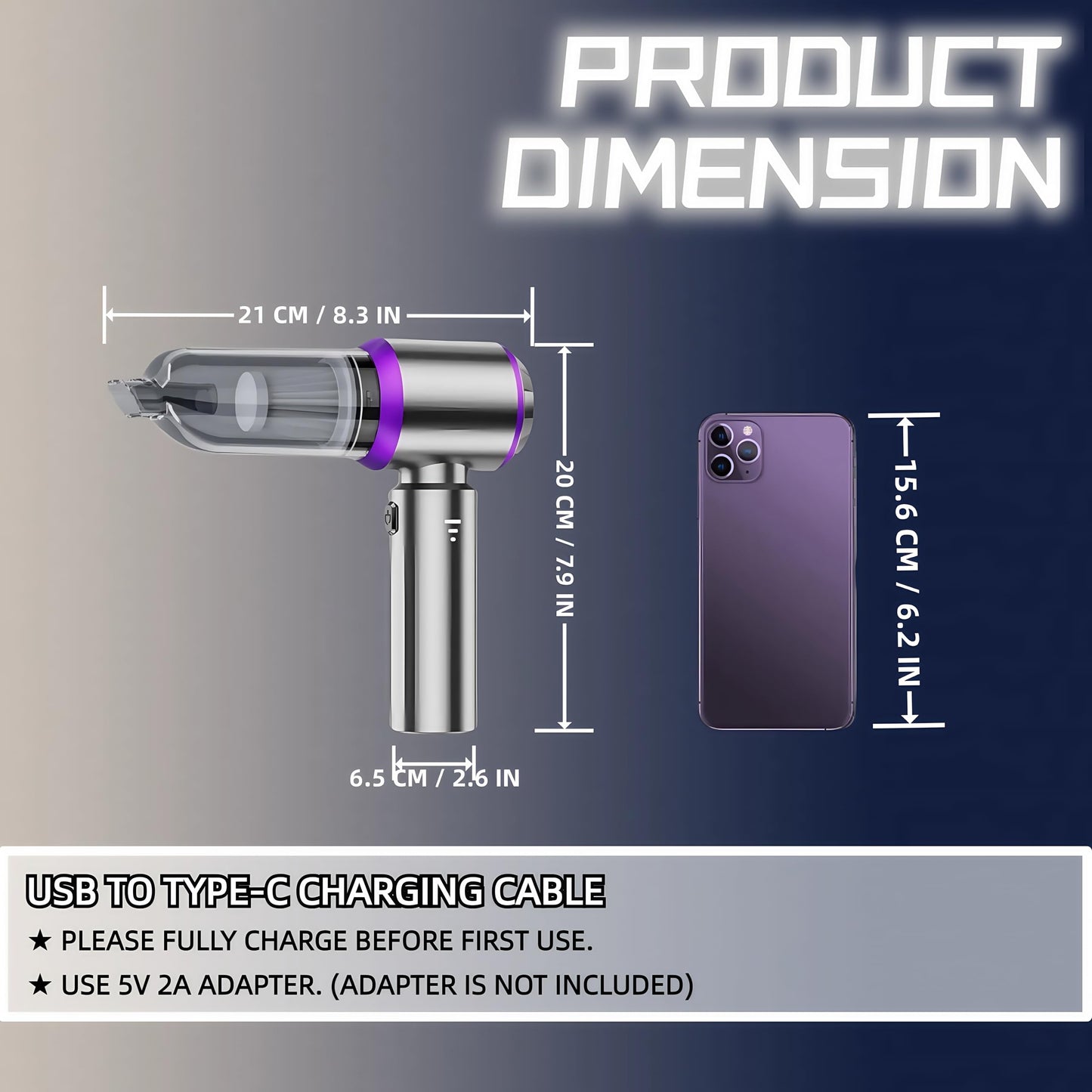 LYCVVVGS Handheld Car Vacuum Cleaner, 21000PA Rechargeable High Power Cordless Mini Car Vacuum Cleaner and Blower 2-in-1 with 3 Gear, Vacuum with Brushless Motor for Car, Home, Office, PC