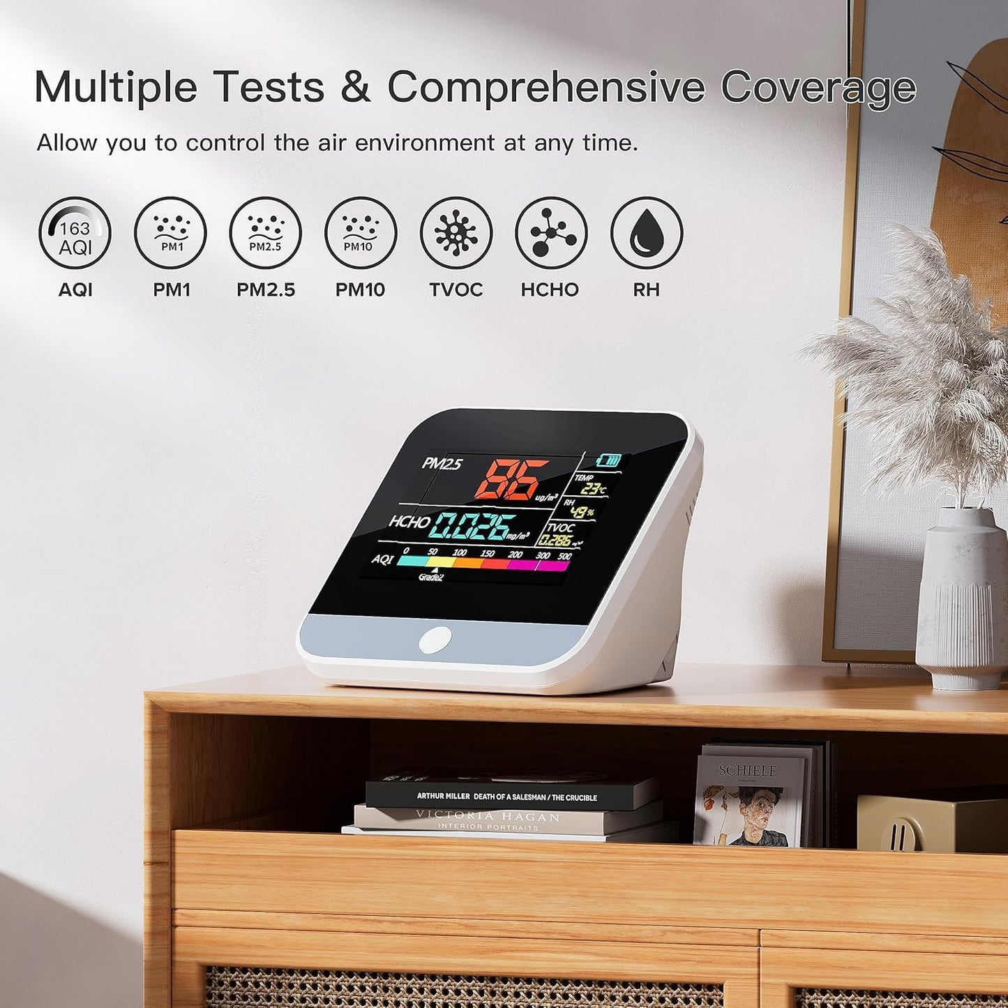 Professional 13 in 1 Air Quality Monitor Indoor, PM2.5/PM1/PM10/Temperature/Formaldehyde/Humidity/TVOC and 6AQI with Alert Buzzers, Portable & Easy to Use for Home Car Office School Air Quality Tester