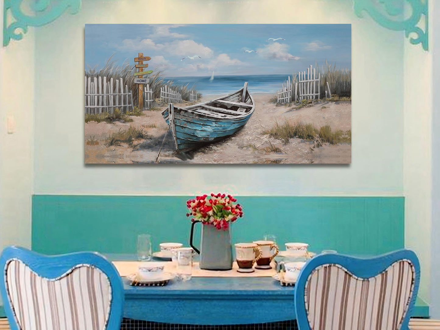 Ardemy Blue Coastal Wall Art Textured Beach Painting Turquoise Teal Sea Shore Picture Modern Boat Artwork Framed Living Room Bedroom Kitchen Bathroom Dinning Room Home Office Wall Decor Large 48"x24"