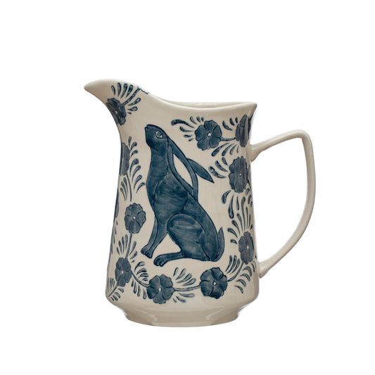 Creative Co-Op Stoneware Pitcher with Painted Rabbit and Florals, Blue and Cream