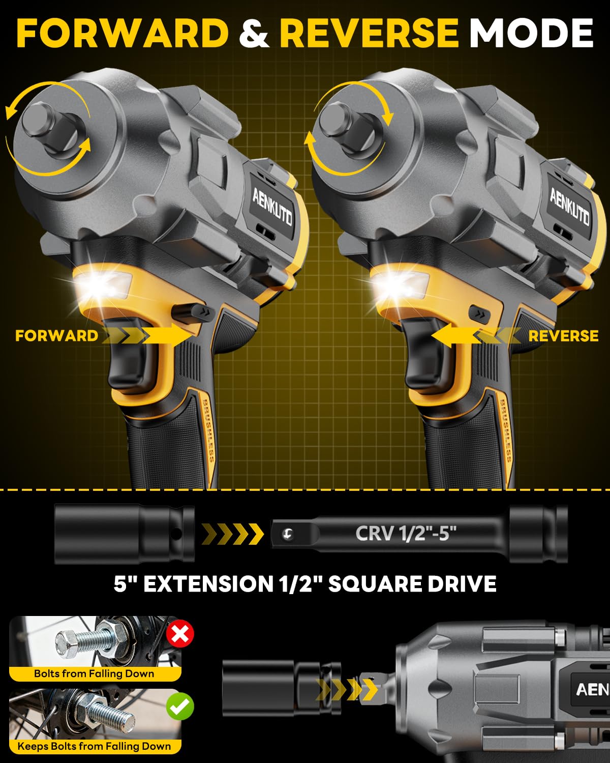 Cordless Impact Wrench for DeWALT 20V MAX Battery,1500Nm (1106 Ft-Lbs) 1/2" Brushless Impact Gun, LED Work Light, 3-Speed High Torque Power Tool for Tire Removal, Rusted Bolts (No Battery)